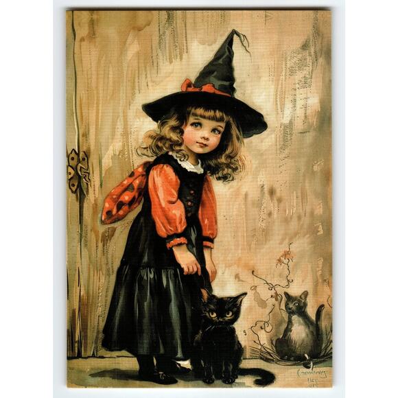 Vintage Halloween Lithograph Postcard Little Witch with Black Cats - Picture 1 of 2